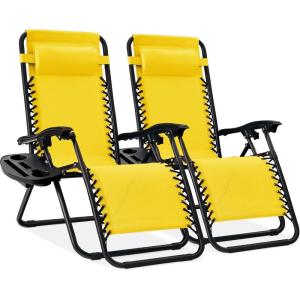 image:imageBest Choice Products Set of 2 Extra Wide Adjustable Steel Mesh Zero Gravity Lounge Chair Recliners wPillows and Cup Holder Trays  Peacock Blue StripesSunflower Yellow
