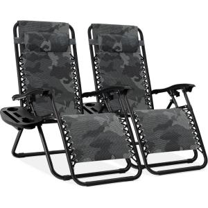 image:imageBest Choice Products Set of 2 Extra Wide Adjustable Steel Mesh Zero Gravity Lounge Chair Recliners wPillows and Cup Holder Trays  Peacock Blue StripesCamouflage