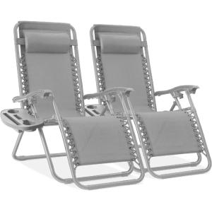 image:imageBest Choice Products Set of 2 Extra Wide Adjustable Steel Mesh Zero Gravity Lounge Chair Recliners wPillows and Cup Holder Trays  Peacock Blue StripesDove Gray
