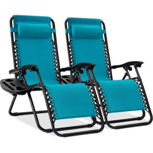 image:imageBest Choice Products Set of 2 Extra Wide Adjustable Steel Mesh Zero Gravity Lounge Chair Recliners wPillows and Cup Holder Trays  Peacock Blue StripesPeacock Blue