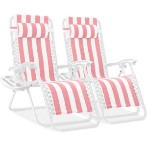 image:imageBest Choice Products Set of 2 Extra Wide Adjustable Steel Mesh Zero Gravity Lounge Chair Recliners wPillows and Cup Holder Trays  Peacock Blue StripesFlamingo Striped