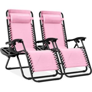 image:imageBest Choice Products Set of 2 Extra Wide Adjustable Steel Mesh Zero Gravity Lounge Chair Recliners wPillows and Cup Holder Trays  Peacock Blue StripesBubblegum Pink