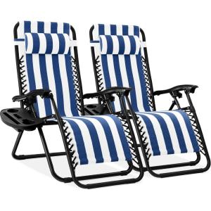 image:imageBest Choice Products Set of 2 Extra Wide Adjustable Steel Mesh Zero Gravity Lounge Chair Recliners wPillows and Cup Holder Trays  Peacock Blue StripesBlue Striped