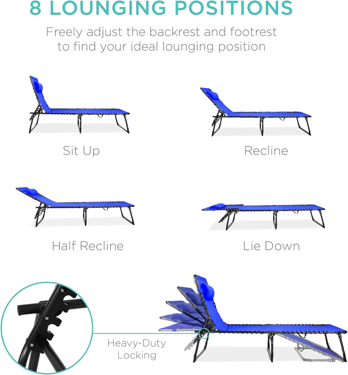 image:imageBest Choice Products Patio Chaise Lounge Chair Portable Outdoor Folding Recliner for Lawn w 8 Positions Handles 300lb Capacity  Light BlueWhiteResort Blue