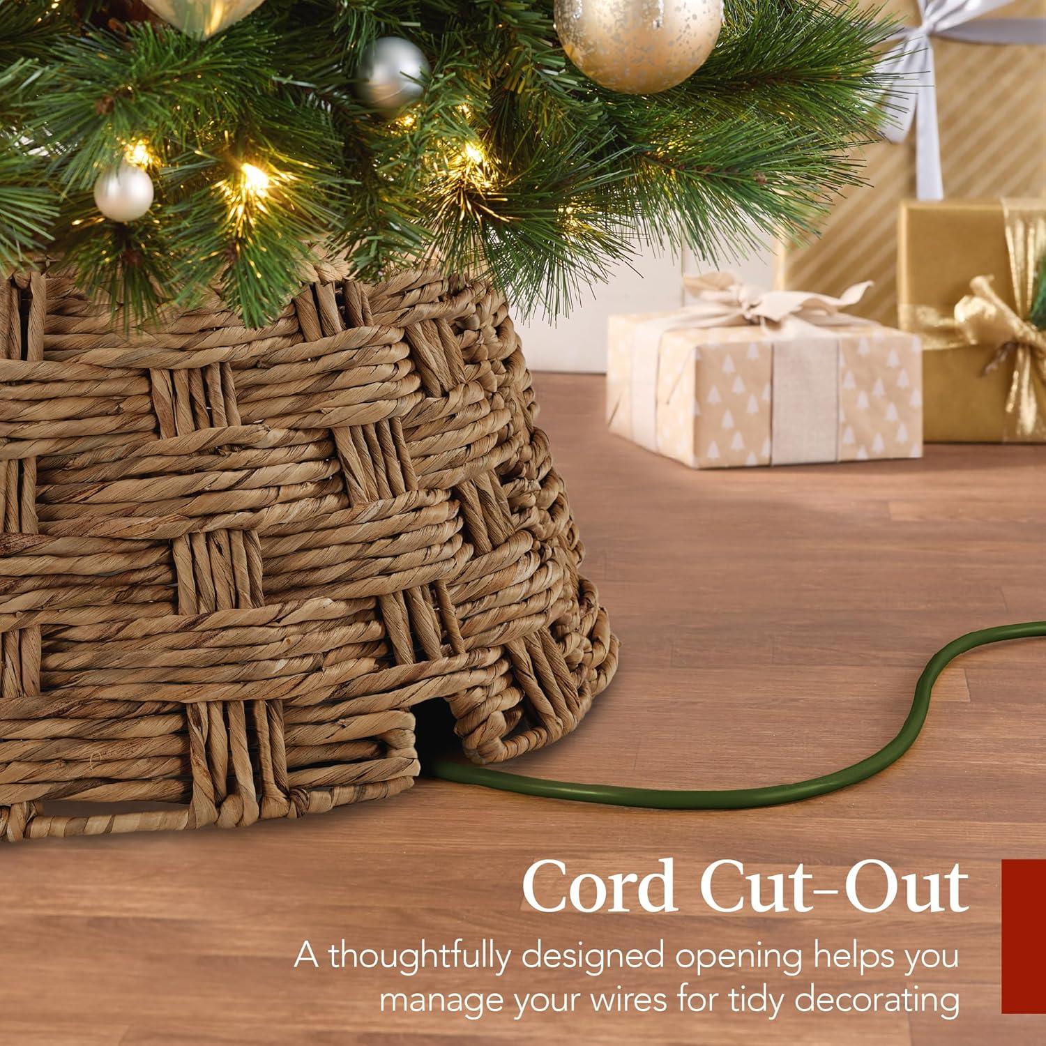 image:imageBest Choice Products 24in Christmas Tree Collar Woven Hyacinth 3Piece Holiday Rattan Tree Skirt Accessory for Home wCord CutOut  Transparent WhiteChestnut  Basket Weave
