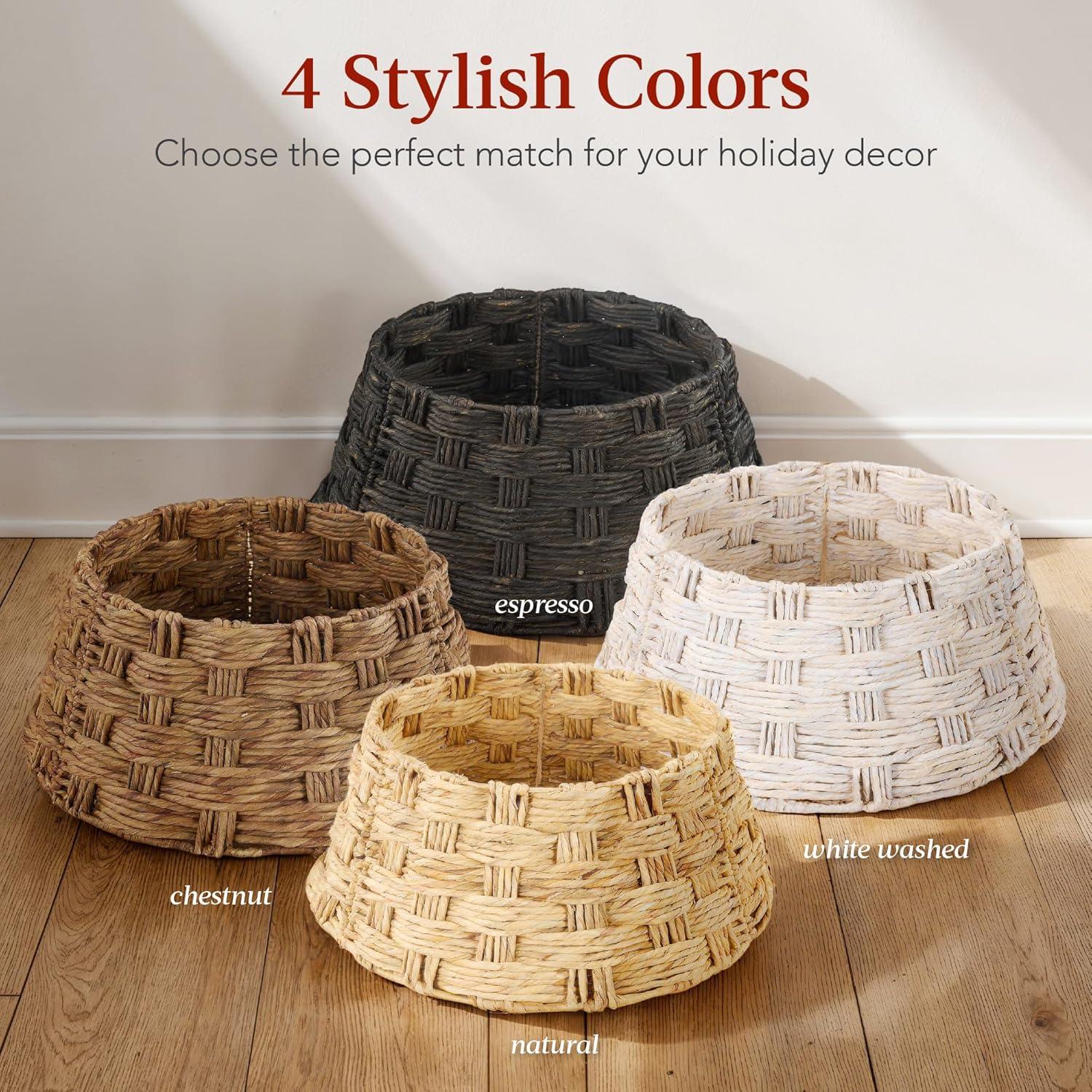 image:imageBest Choice Products 24in Christmas Tree Collar Woven Hyacinth 3Piece Holiday Rattan Tree Skirt Accessory for Home wCord CutOut  Transparent WhiteChestnut  Basket Weave