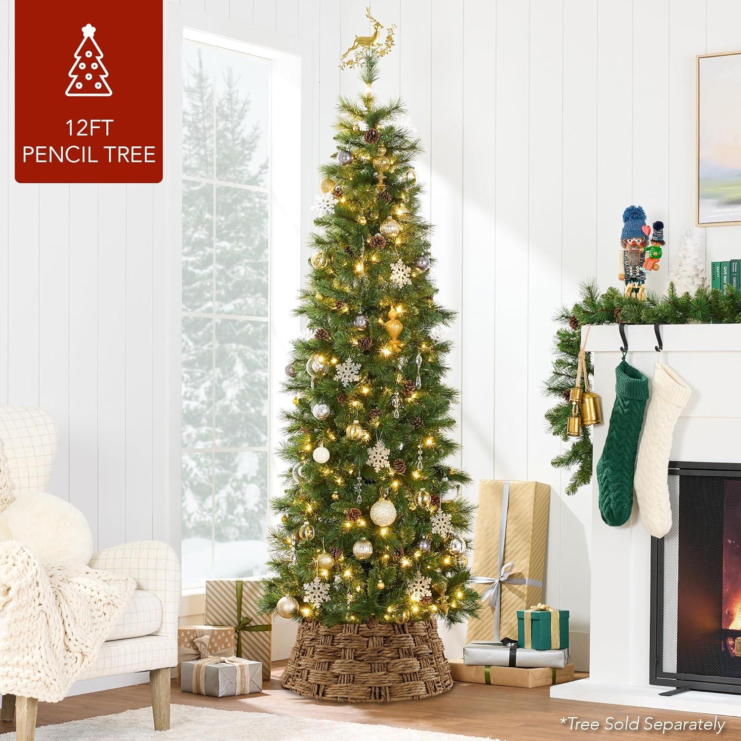 image:imageBest Choice Products 24in Christmas Tree Collar Woven Hyacinth 3Piece Holiday Rattan Tree Skirt Accessory for Home wCord CutOut  Transparent WhiteChestnut  Basket Weave