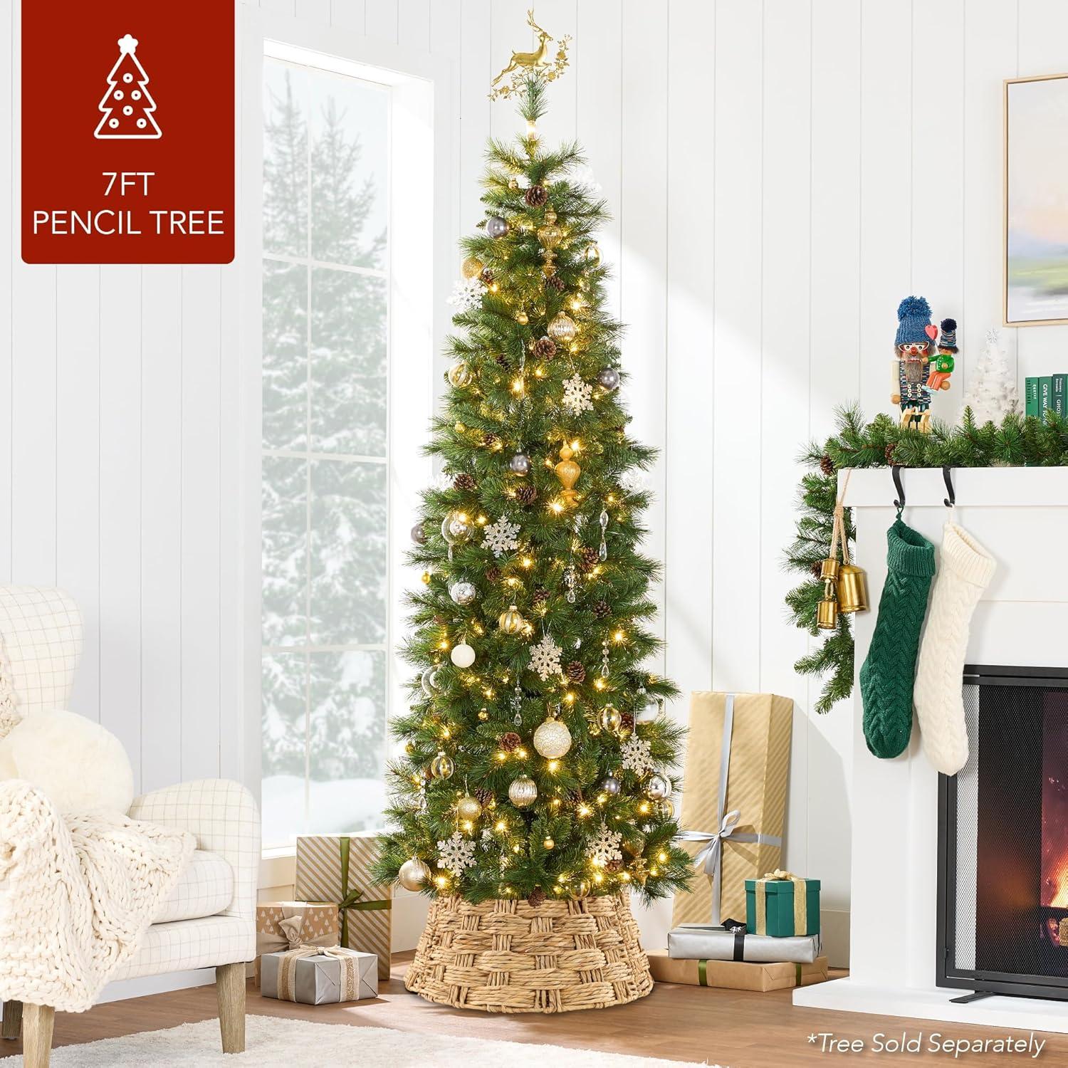 image:imageBest Choice Products 24in Christmas Tree Collar Woven Hyacinth 3Piece Holiday Rattan Tree Skirt Accessory for Home wCord CutOut  Transparent WhiteNatural  Basket Weave