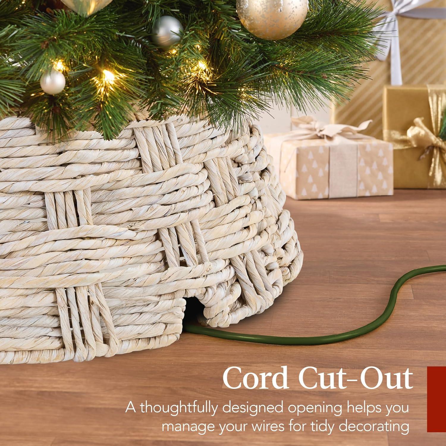 image:imageBest Choice Products 24in Christmas Tree Collar Woven Hyacinth 3Piece Holiday Rattan Tree Skirt Accessory for Home wCord CutOut  Transparent WhiteTransparent White  Basket Weave