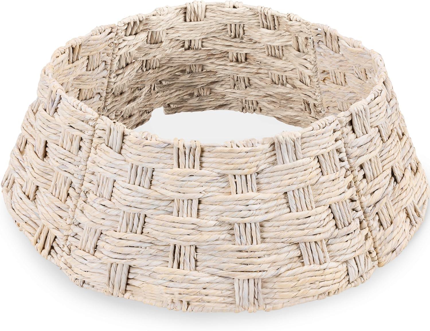 image:imageBest Choice Products 24in Christmas Tree Collar Woven Hyacinth 3Piece Holiday Rattan Tree Skirt Accessory for Home wCord CutOut  Transparent WhiteTransparent White  Basket Weave