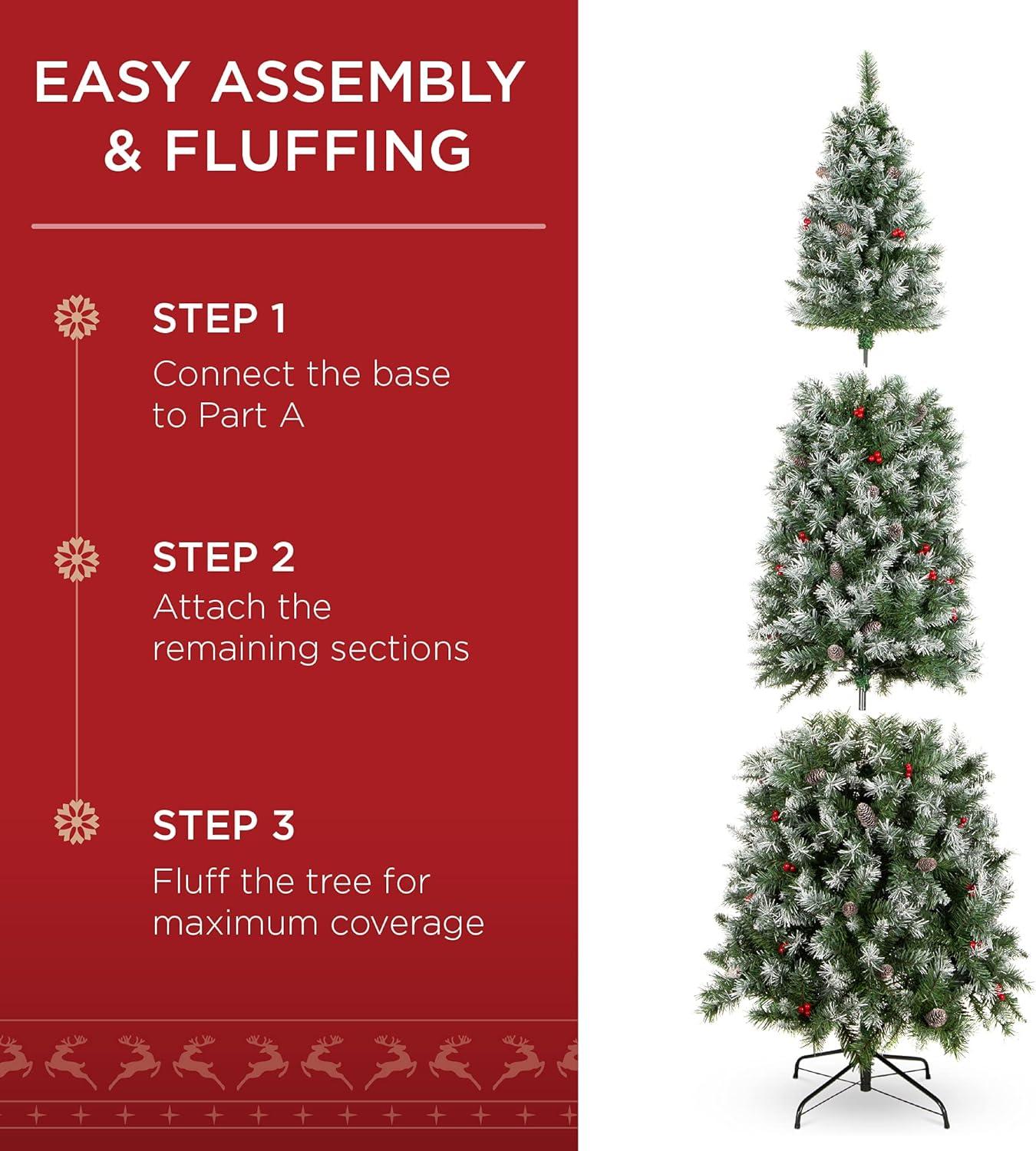 image:imageBest Choice Products 6ft PreLit Pencil Christmas Tree Partially Flocked PreDecorated for Home Skinny Frosted Holiday Tree w 618 Tips 250 Lights Pine Cones Metal Hinges amp Base75ft