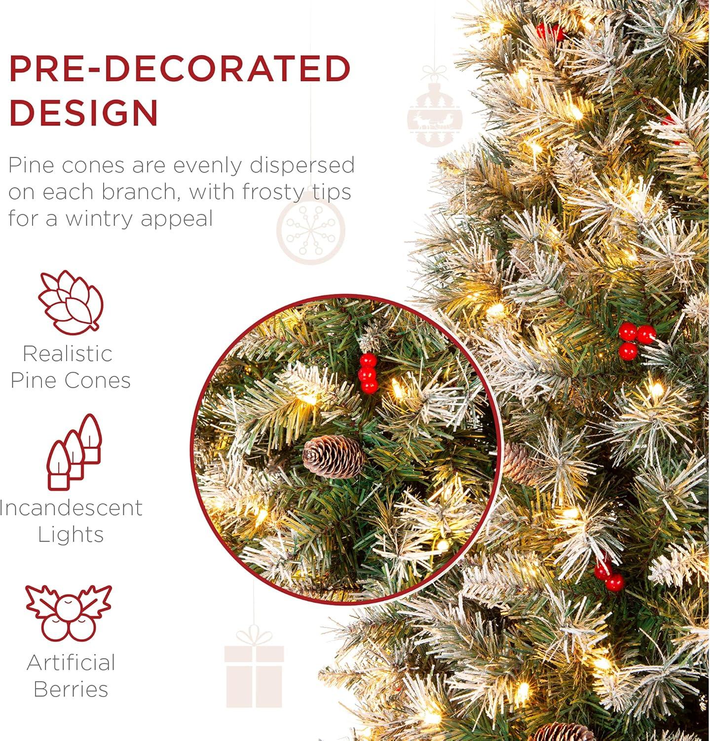image:imageBest Choice Products 6ft PreLit Pencil Christmas Tree Partially Flocked PreDecorated for Home Skinny Frosted Holiday Tree w 618 Tips 250 Lights Pine Cones Metal Hinges amp Base6ft
