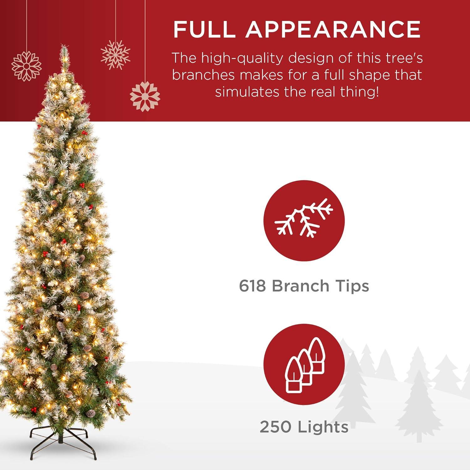 image:imageBest Choice Products 6ft PreLit Pencil Christmas Tree Partially Flocked PreDecorated for Home Skinny Frosted Holiday Tree w 618 Tips 250 Lights Pine Cones Metal Hinges amp Base6ft