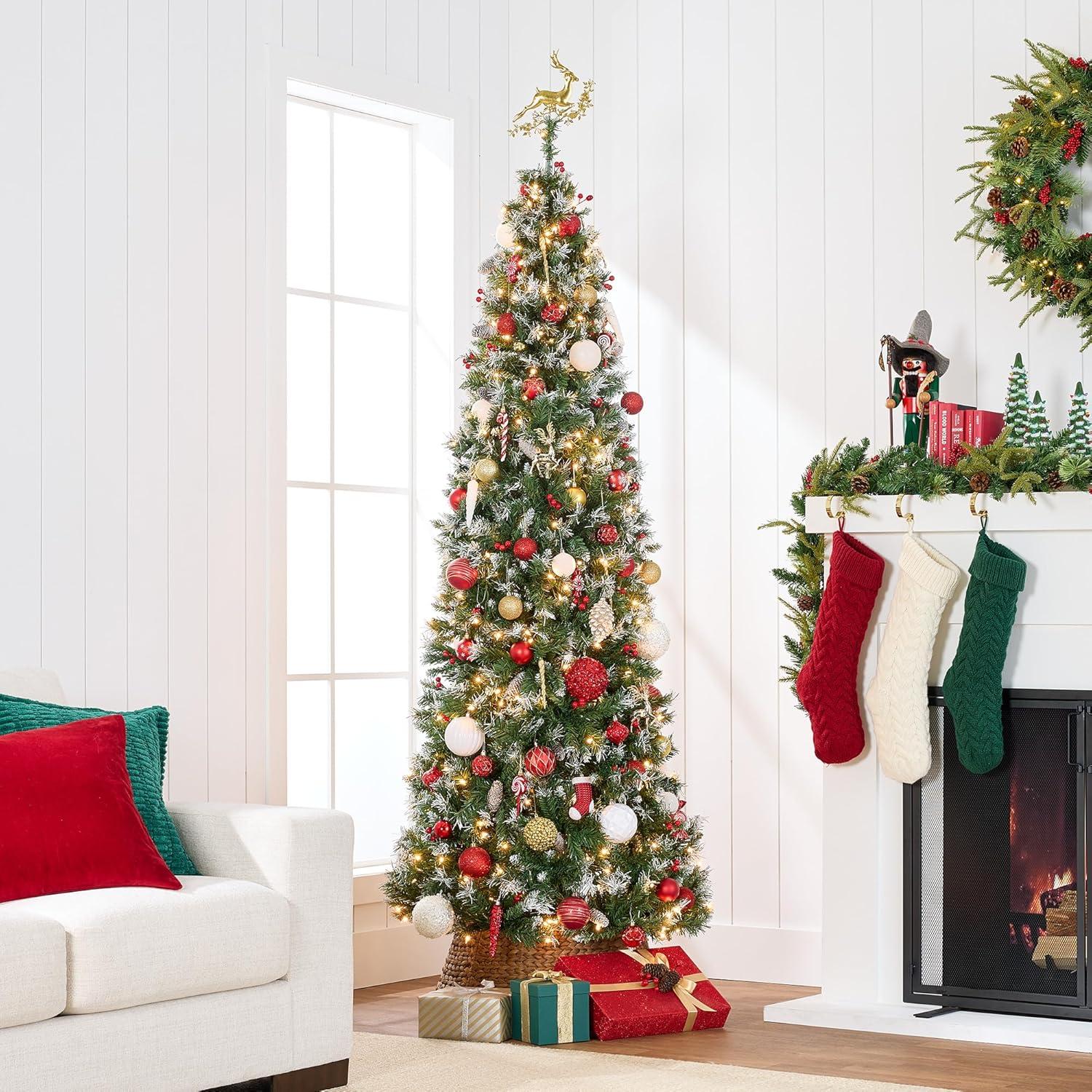 image:imageBest Choice Products 6ft PreLit Pencil Christmas Tree Partially Flocked PreDecorated for Home Skinny Frosted Holiday Tree w 618 Tips 250 Lights Pine Cones Metal Hinges amp Base75ft