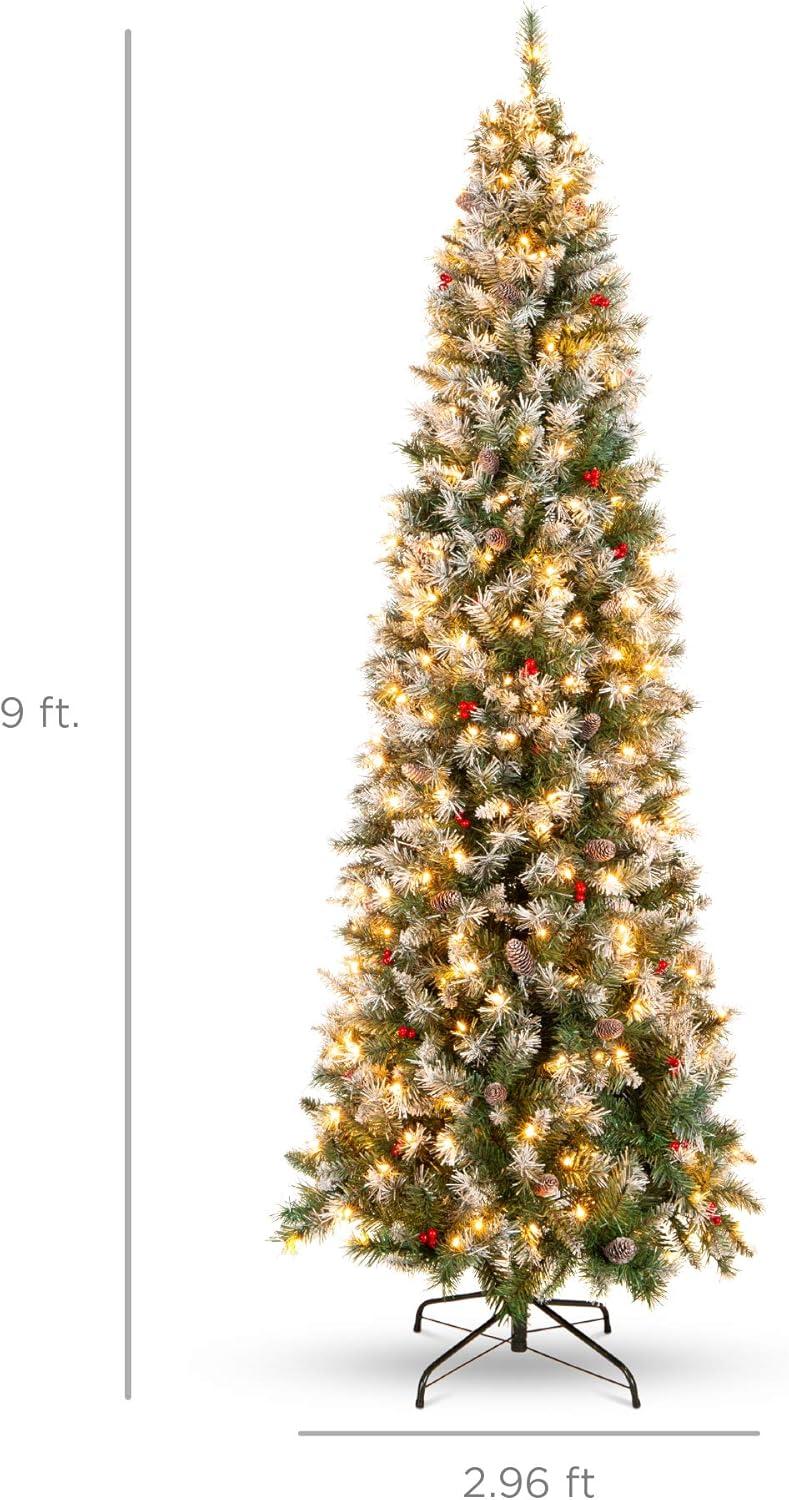 image:imageBest Choice Products 6ft PreLit Pencil Christmas Tree Partially Flocked PreDecorated for Home Skinny Frosted Holiday Tree w 618 Tips 250 Lights Pine Cones Metal Hinges amp Base9ft