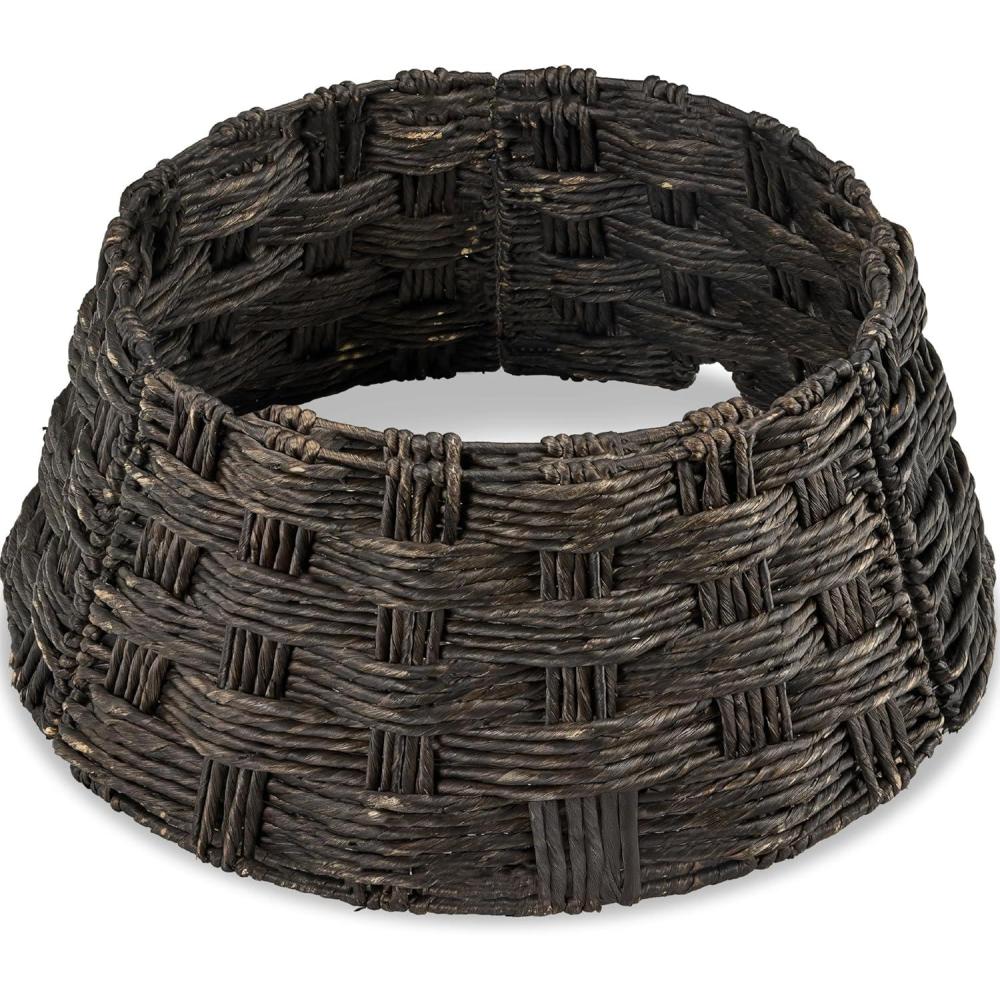 image:imageBest Choice Products 24in Christmas Tree Collar Woven Hyacinth 3Piece Holiday Rattan Tree Skirt Accessory for Home wCord CutOut  Transparent WhiteEspresso  Basket Weave