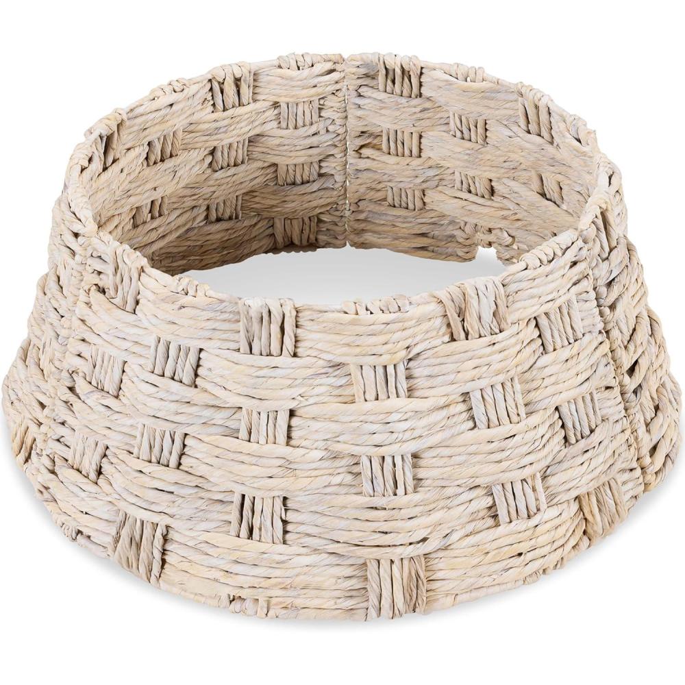 image:imageBest Choice Products 24in Christmas Tree Collar Woven Hyacinth 3Piece Holiday Rattan Tree Skirt Accessory for Home wCord CutOut  Transparent WhiteTransparent White  Basket Weave