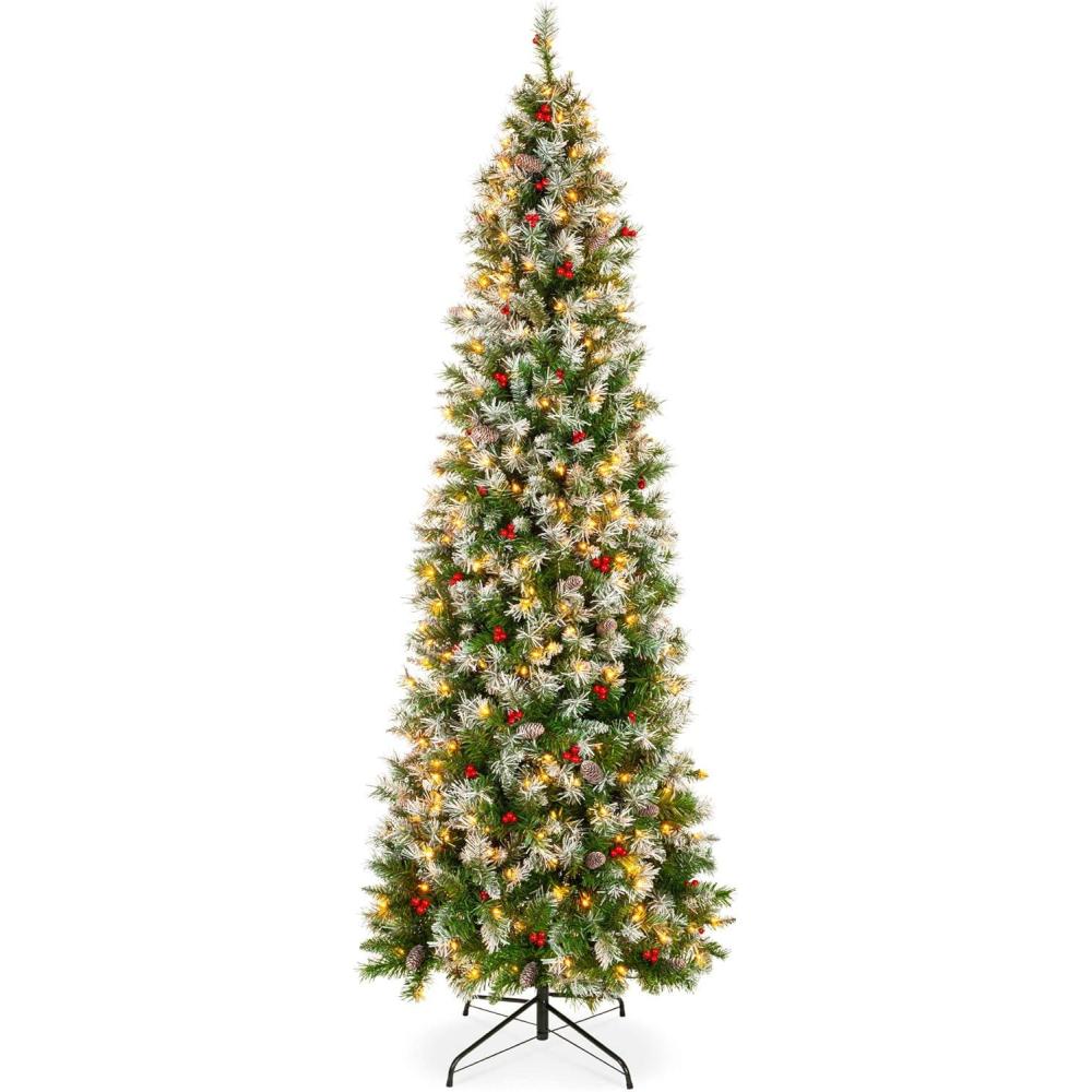 image:imageBest Choice Products 6ft PreLit Pencil Christmas Tree Partially Flocked PreDecorated for Home Skinny Frosted Holiday Tree w 618 Tips 250 Lights Pine Cones Metal Hinges amp Base75ft