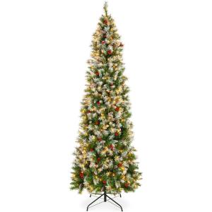 image:imageBest Choice Products 6ft PreLit Pencil Christmas Tree Partially Flocked PreDecorated for Home Skinny Frosted Holiday Tree w 618 Tips 250 Lights Pine Cones Metal Hinges amp Base6ft