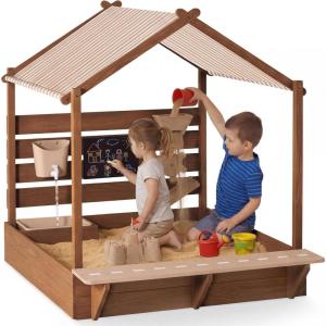 image:imageBest Choice Products Sandbox with Canopy Extra Large Wooden Kids Sand Box with Cover Water Table amp Sink Chalkboard Bench Seating w 110 lb Capacity Outdoor Backyard Playset  BeigeBeige