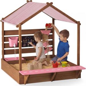 image:imageBest Choice Products Sandbox with Canopy Extra Large Wooden Kids Sand Box with Cover Water Table amp Sink Chalkboard Bench Seating w 110 lb Capacity Outdoor Backyard Playset  BeigePink