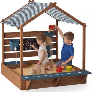 image:imageBest Choice Products Sandbox with Canopy Extra Large Wooden Kids Sand Box with Cover Water Table amp Sink Chalkboard Bench Seating w 110 lb Capacity Outdoor Backyard Playset  BeigeBlue