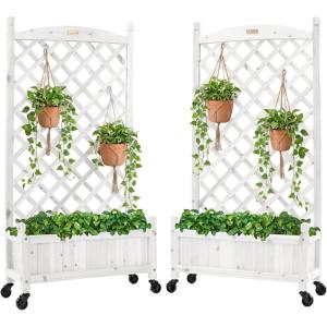 image:imageBest Choice Products Set of 2 48in Wood Planter Box amp Diamond Lattice Trellis Mobile Outdoor Raised Garden Bed for Climbing Plants wDrainage Holes Optional Wheels  NaturalWhite