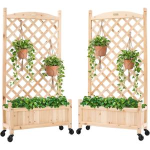 image:imageBest Choice Products Set of 2 48in Wood Planter Box amp Diamond Lattice Trellis Mobile Outdoor Raised Garden Bed for Climbing Plants wDrainage Holes Optional Wheels  NaturalNatural