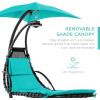image:imageBest Choice Products Hanging LEDLit Curved Chaise Lounge Chair Swing for Backyard Patio Lawn w 3 Light Settings WeatherResistant Pillow Removable Canopy Shade Steel Stand  PinkTeal