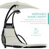 image:imageBest Choice Products Hanging LEDLit Curved Chaise Lounge Chair Swing for Backyard Patio Lawn w 3 Light Settings WeatherResistant Pillow Removable Canopy Shade Steel Stand  PinkIvory