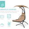 image:imageBest Choice Products Hanging LEDLit Curved Chaise Lounge Chair Swing for Backyard Patio Lawn w 3 Light Settings WeatherResistant Pillow Removable Canopy Shade Steel Stand  PinkTan
