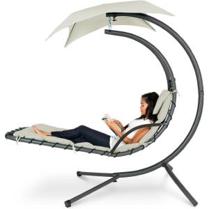 image:imageBest Choice Products Hanging LEDLit Curved Chaise Lounge Chair Swing for Backyard Patio Lawn w 3 Light Settings WeatherResistant Pillow Removable Canopy Shade Steel Stand  PinkIvory