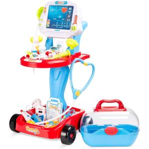 image:imageBest Choice Products Play Doctor Kit for Kids Pretend Medical Station Set for Boys amp Girls with Carrying Case 17 Accessories Mobile Cart LED EKG Thermometer Stethoscope Pulse Machine  BlueBlue