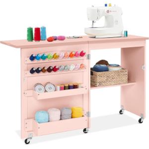 image:imageBest Choice Products Folding Sewing Table Multipurpose Craft Station amp Side Desk with Compact Design Wheels Shelves Storage Trays Pegs Magnetic Doors Metal Doorknobs  WalnutCreamPink
