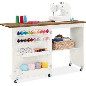 image:imageBest Choice Products Folding Sewing Table Multipurpose Craft Station amp Side Desk with Compact Design Wheels Shelves Storage Trays Pegs Magnetic Doors Metal Doorknobs  WalnutCreamWalnut  Cream