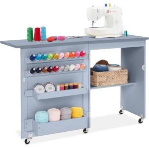 image:imageBest Choice Products Folding Sewing Table Multipurpose Craft Station amp Side Desk with Compact Design Wheels Shelves Storage Trays Pegs Magnetic Doors Metal Doorknobs  WalnutCreamLight Blue