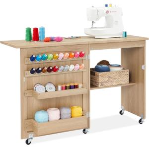image:imageBest Choice Products Folding Sewing Table Multipurpose Craft Station amp Side Desk with Compact Design Wheels Shelves Storage Trays Pegs Magnetic Doors Metal Doorknobs  WalnutCreamLight Brown