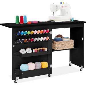 image:imageBest Choice Products Folding Sewing Table Multipurpose Craft Station amp Side Desk with Compact Design Wheels Shelves Storage Trays Pegs Magnetic Doors Metal Doorknobs  WalnutCreamBlack