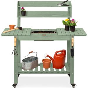 image:imageBest Choice Products Mobile Garden Potting Bench Outdoor Wood Workstation Table wSliding Tabletop 4 Locking Wheels Food Grade Dry Sink Storage Shelves  Sage GreenSage Green