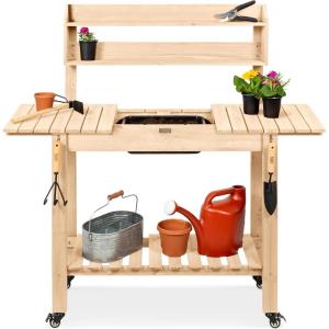 image:imageBest Choice Products Mobile Garden Potting Bench Outdoor Wood Workstation Table wSliding Tabletop 4 Locking Wheels Food Grade Dry Sink Storage Shelves  Sage GreenNatural