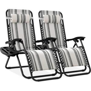 image:imageBest Choice Products Set of 2 Adjustable Steel Mesh Zero Gravity Lounge Chair Recliners wPillows and Cup Holder Trays  MarigoldWhiteGray Stripes