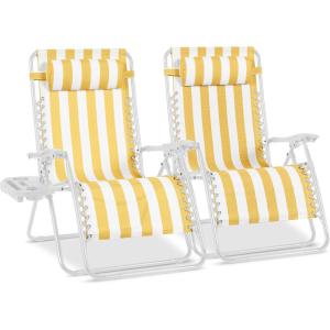 image:imageBest Choice Products Set of 2 Adjustable Steel Mesh Zero Gravity Lounge Chair Recliners wPillows and Cup Holder Trays  MarigoldWhiteMarigold StripesWhite