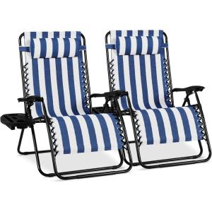 image:imageBest Choice Products Set of 2 Adjustable Steel Mesh Zero Gravity Lounge Chair Recliners wPillows and Cup Holder Trays  MarigoldWhiteMediterranean Blue Stripes