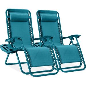 image:imageBest Choice Products Set of 2 Adjustable Steel Mesh Zero Gravity Lounge Chair Recliners wPillows and Cup Holder Trays  MarigoldWhitePeacock