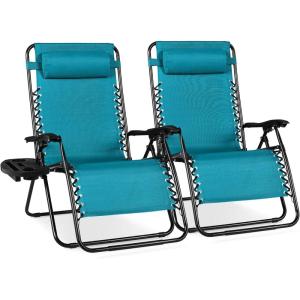 image:imageBest Choice Products Set of 2 Adjustable Steel Mesh Zero Gravity Lounge Chair Recliners wPillows and Cup Holder Trays  MarigoldWhitePeacock Blue