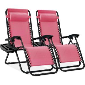 image:imageBest Choice Products Set of 2 Adjustable Steel Mesh Zero Gravity Lounge Chair Recliners wPillows and Cup Holder Trays  MarigoldWhitePink
