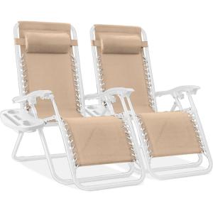 image:imageBest Choice Products Set of 2 Adjustable Steel Mesh Zero Gravity Lounge Chair Recliners wPillows and Cup Holder Trays  MarigoldWhiteSandWhite
