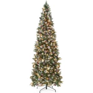 image:imageBest Choice Products 45ft Prelit Pencil Christmas Tree Partially Flocked amp Frosted Slim Holiday Tree Decoration Skinny Xmas Tree 150 Lights 288 Frosted Tips 26 Pine Cones Foldable StandFrosted Green Spruce