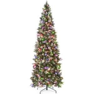 image:imageBest Choice Products 45ft Prelit Pencil Christmas Tree Partially Flocked amp Frosted Slim Holiday Tree Decoration Skinny Xmas Tree 150 Lights 288 Frosted Tips 26 Pine Cones Foldable StandDual WhiteMulti Color Lights