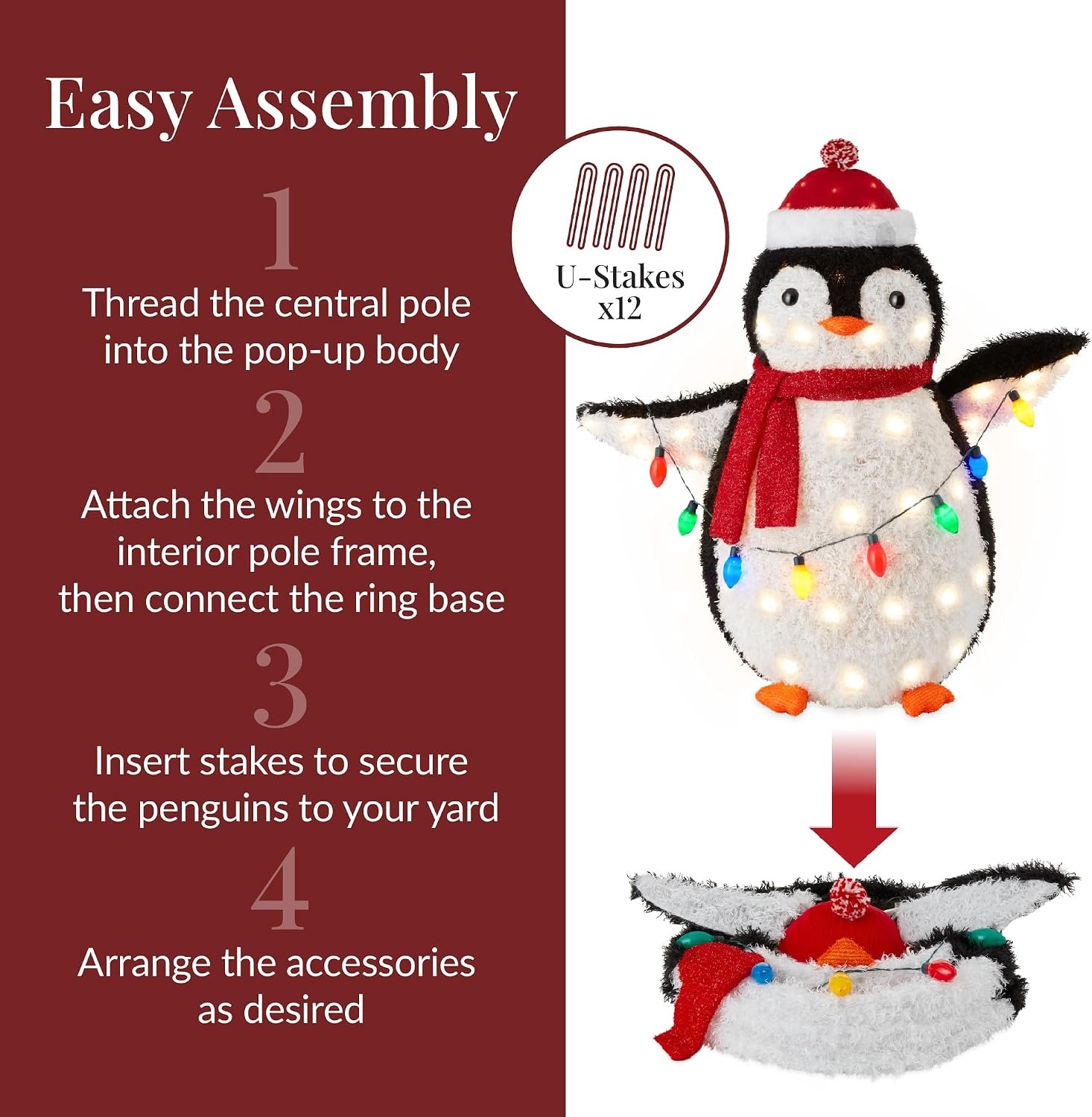image:imageBest Choice Products 5Ft Lighted Penguin Family 210 LED Lights XL Pop Up Outdoor Christmas Yard Decoration with Storage Bag 2Piece Large Black White Red OrangeRed